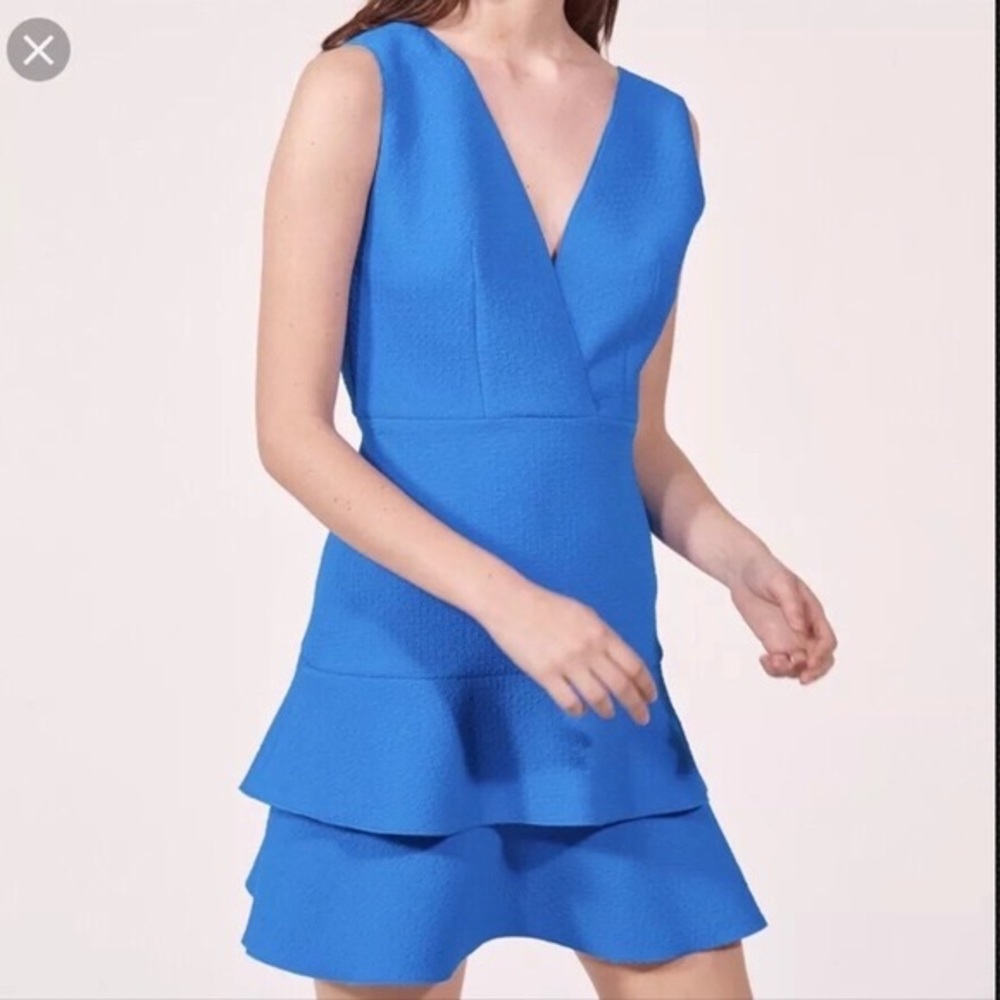 SANDRO AZUR BLUE V-NECK MINI DRESS WITH DOUBLE RUFFLE SKIRT